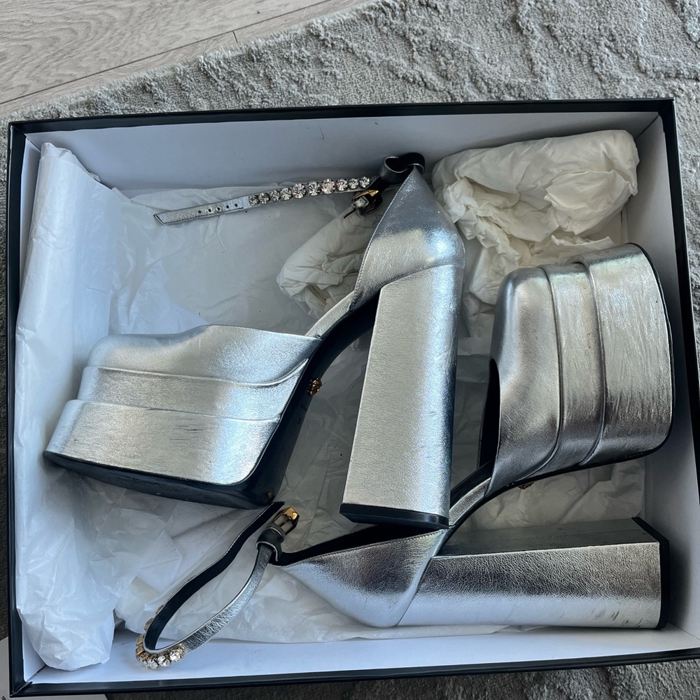 Versace Silver Platform Heels With Rhinestone Det… - image 2